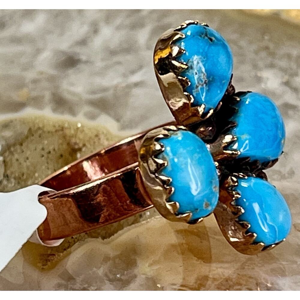 Southwestern Kingman Turquoise Copper Adjustable Bypass 4 Stone Cluster Ring - Picture 6 of 15